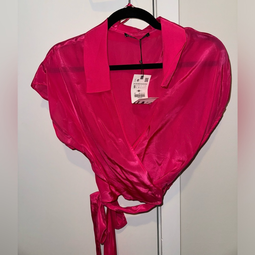 zara hot pink cropped silk tie top NWT